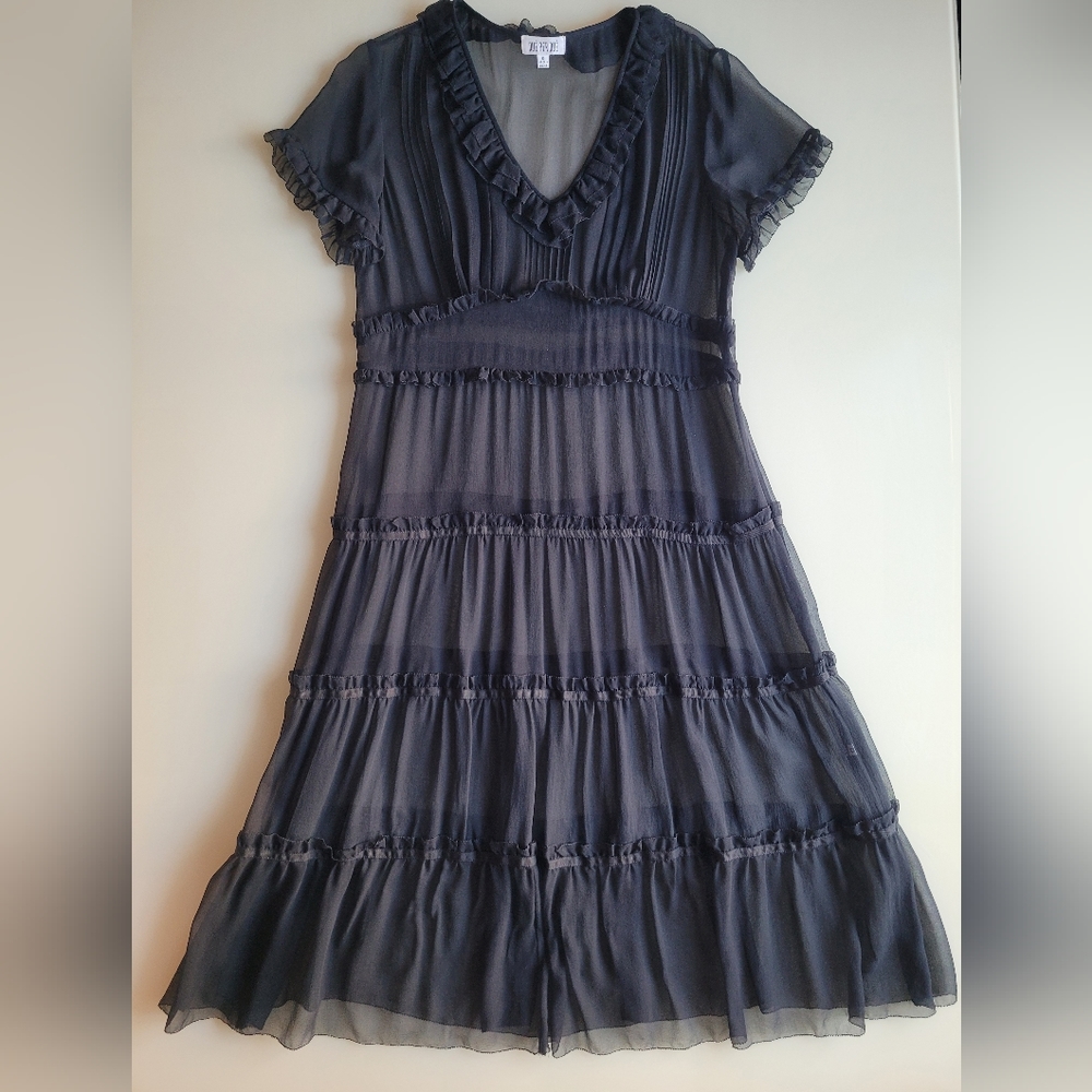 Due per Due Wednesday Inspired Sheer Silk Dress with Ruffled Detail Sz 12
